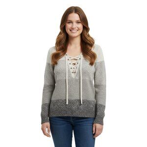 SOHO Jeans Super Cute Colorblock Lace Up V-Neck Sweater - Size Large